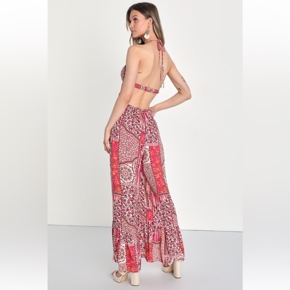 Lulus Beautiful Charming Pink Boho Print Smocked Wide Leg Jumpsuit Small - Picture 1 of 15